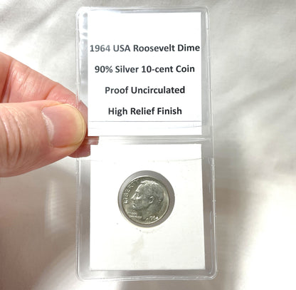 1964 Roosevelt Dime 10-Cent USA: 90% Pure Silver Proof Uncirculated High Relief Finish in Display Pouch!