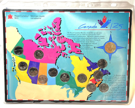 1992 Canadian 13-Coin Set Celebrating CANADA 125th ANNIVERSARY of CONFEDERATION: Incudes 12-Provincial Quarters and $1 Parliament Loonie Set