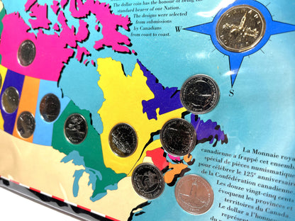 1992 Canadian 13-Coin Set Celebrating CANADA 125th ANNIVERSARY of CONFEDERATION: Incudes 12-Provincial Quarters and $1 Parliament Loonie Set