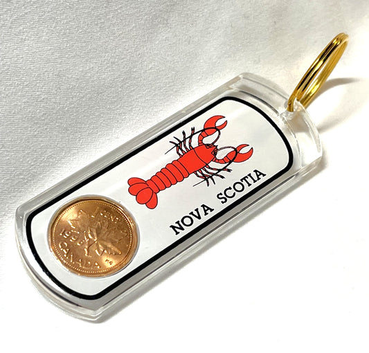 1996 CANADIAN PENNY ACRYLIC KEY RING: Celebrating NOVA SCOTIA and LOBSTER!