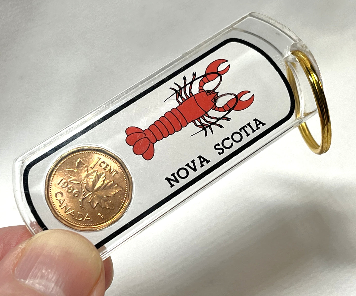 1996 CANADIAN PENNY ACRYLIC KEY RING: Celebrating NOVA SCOTIA and LOBSTER!