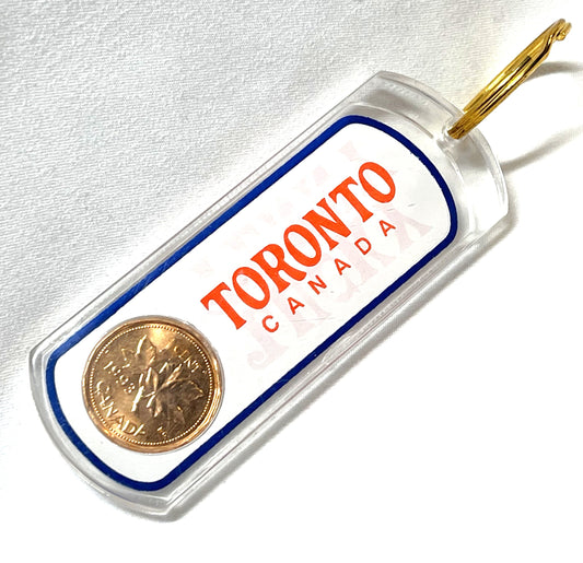 1993 CANADIAN LUCKY PENNY ACRYLIC KEY RING: Celebrating TORONTO, CANADA!
