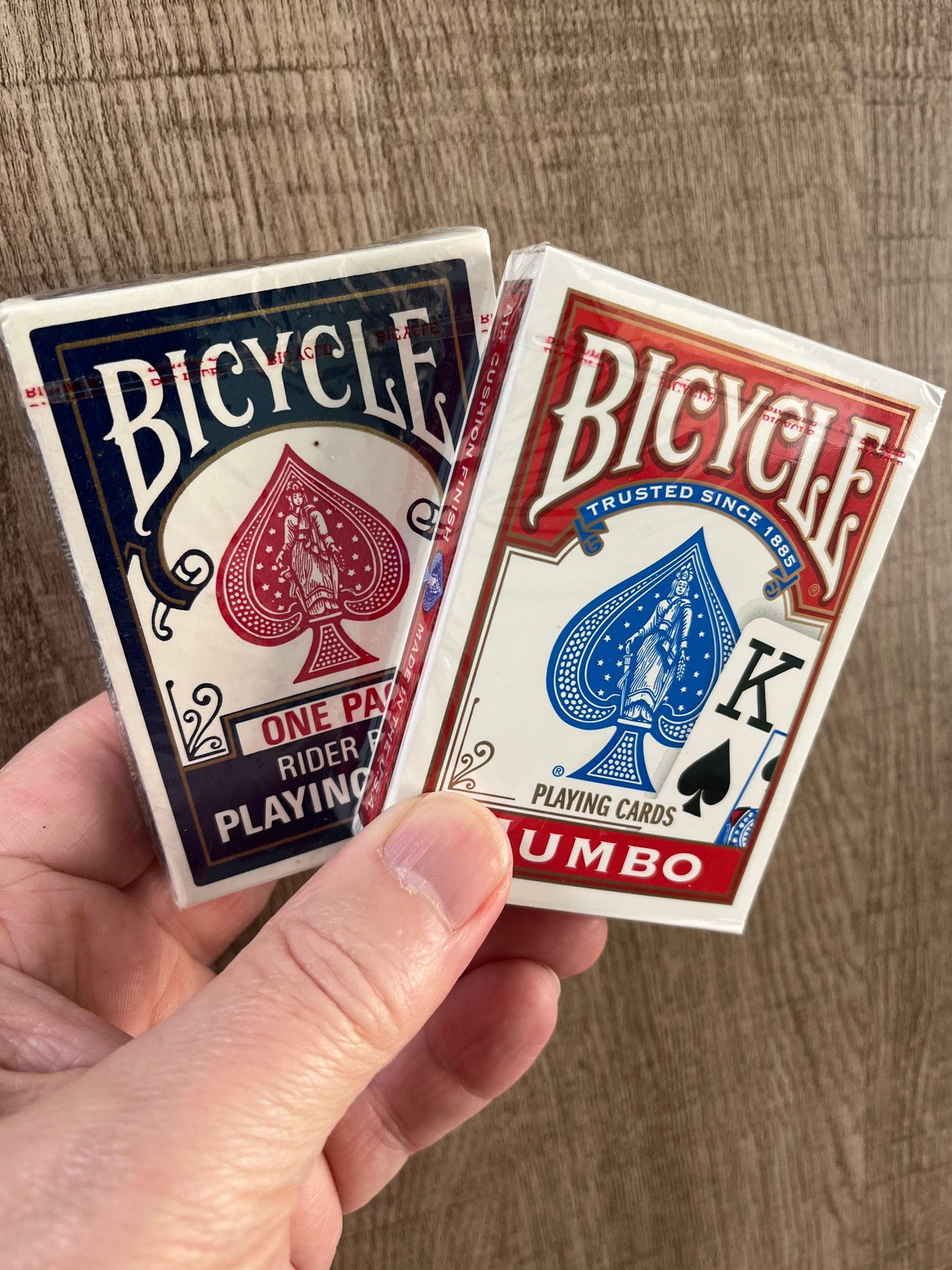 VINTAGE SET OF TWO CONGRESS PLAYING CARDS: In a Pair of Cream Leather Faux Books and Original Matching Metal Book Holder