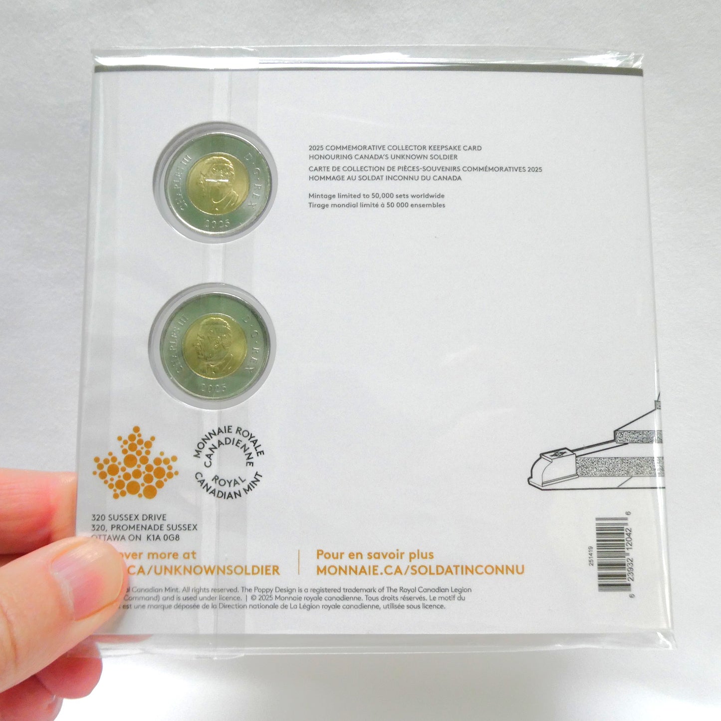 2025 Canadian $2 Two-Coin Set HONOURING CANADA'S UNKNOWN SOLDIER: Commemorative Card Featuring Double Toonies (Coloured and Non Coloured)