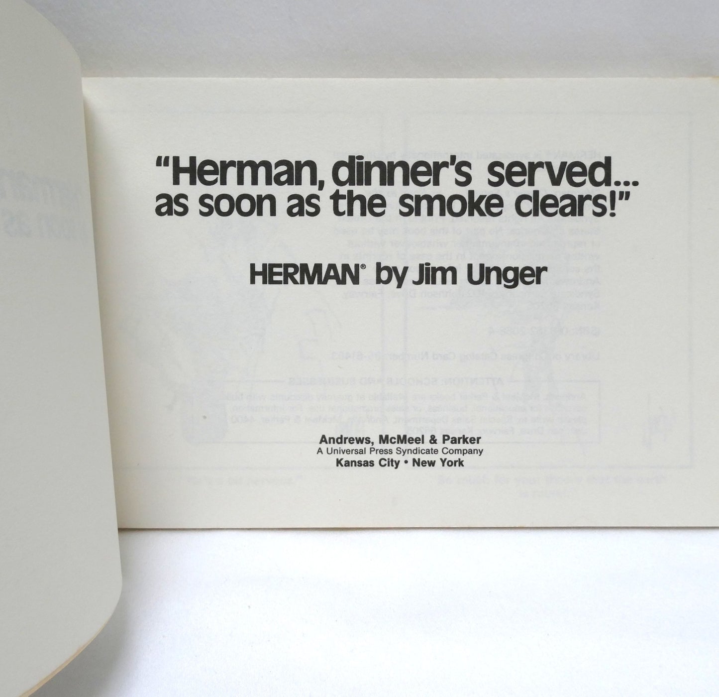 HERMAN, DINNER'S SERVED AS SOON AS THE SMOKE CLEARS, by Jim Unger (1985 1st Ed.)