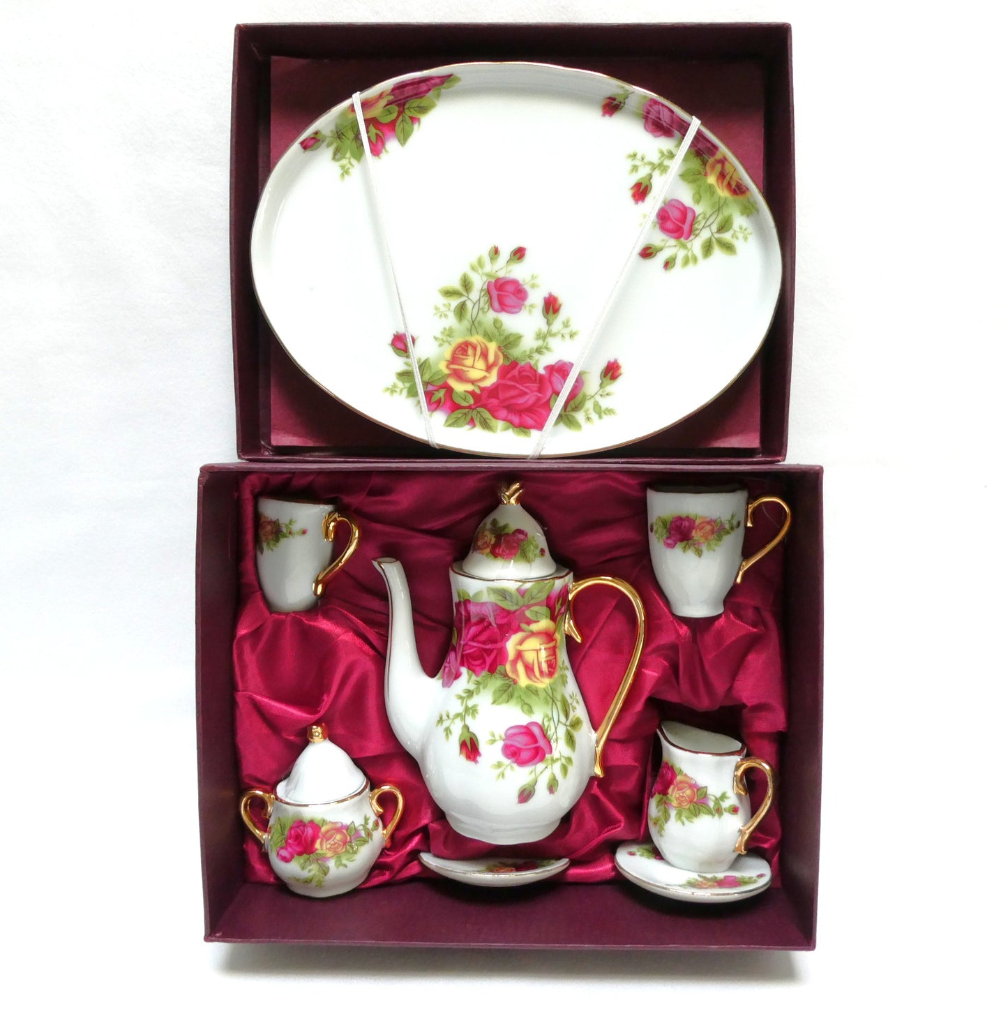 Miniature Children's BRAND NEW TEA SET, Victorian-style pink and yellow rose motif with gold gilded trim, by Adeline Collection