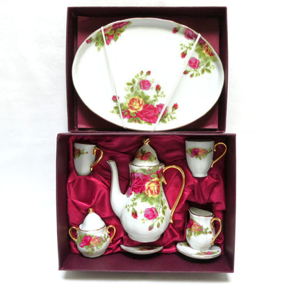 Miniature Children's BRAND NEW TEA SET, Victorian-style pink and yellow rose motif with gold gilded trim, by Adeline Collection