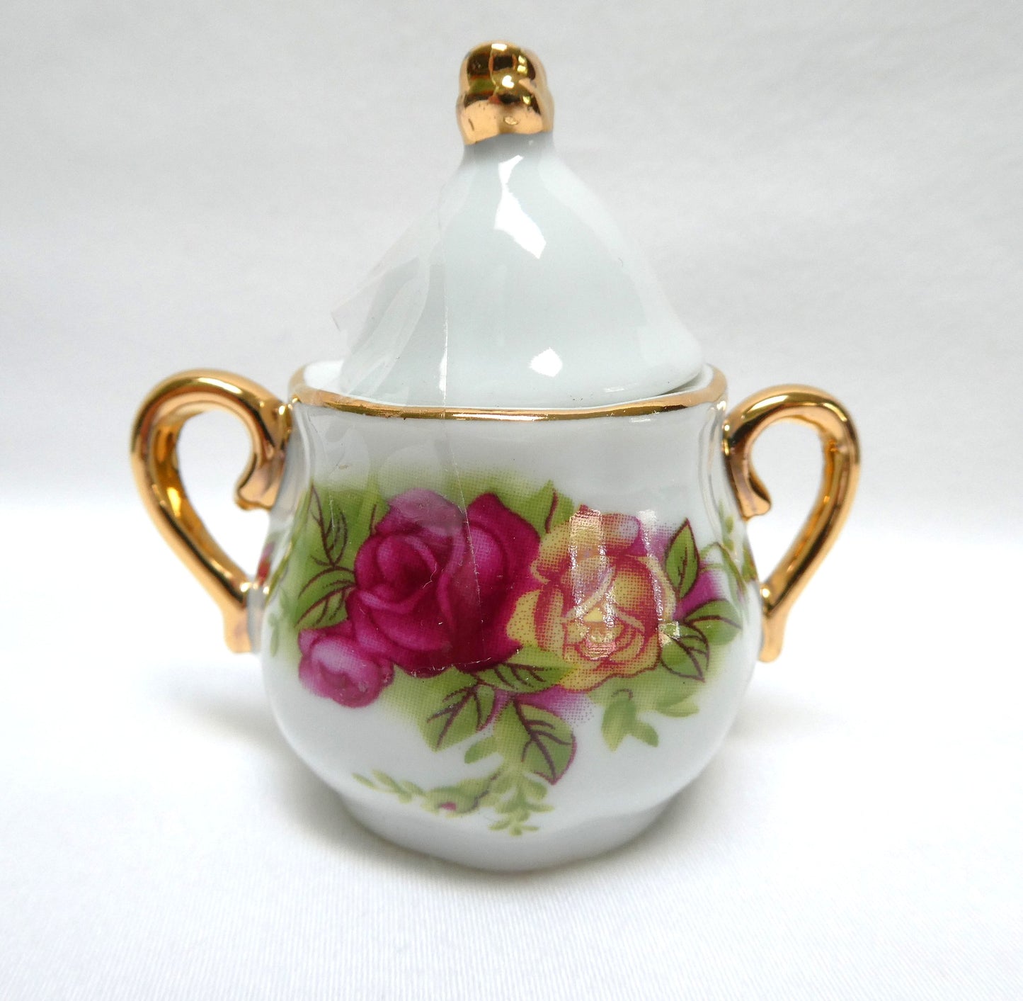 Miniature Children's BRAND NEW TEA SET, Victorian-style pink and yellow rose motif with gold gilded trim, by Adeline Collection