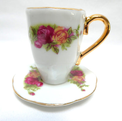 Miniature Children's BRAND NEW TEA SET, Victorian-style pink and yellow rose motif with gold gilded trim, by Adeline Collection