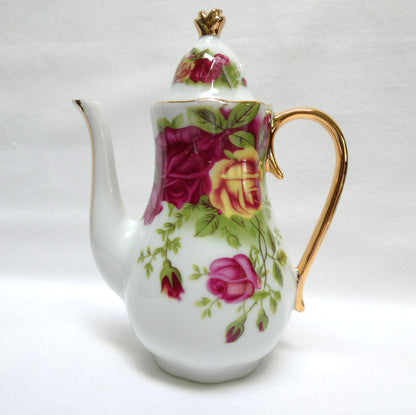 Miniature Children's BRAND NEW TEA SET, Victorian-style pink and yellow rose motif with gold gilded trim, by Adeline Collection