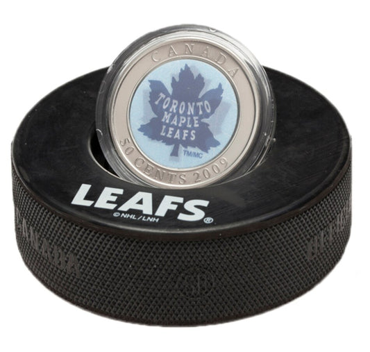 2009 Canada NHL® Official Puck & 50 Cent Royal Canadian Mint Coin - THE FAMOUS TORONTO MAPLE LEAFS.