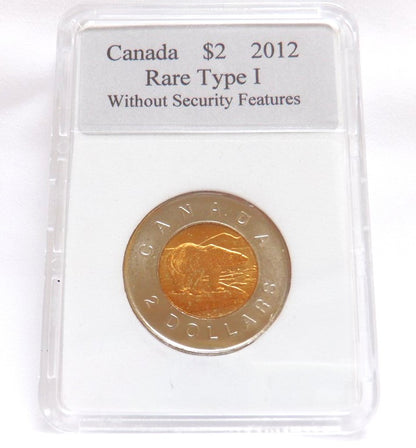 2012 Canadian $2 Coin RARE TYPE 1, without security features. In Genuine Cdn Coin & Currency Display Case