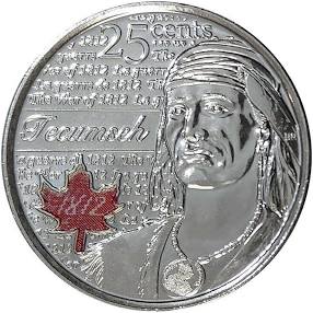 2012 Canadian 25-Cent Quarters, TWO Pack of 5-Coins EACH Coloured and Not Coloured: TECUMSEH