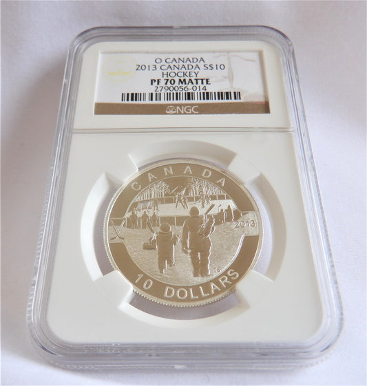 2013 $10 O-Canada HOCKEY Fine Silver Coin, RARE Graded NGC PF70 MATTE