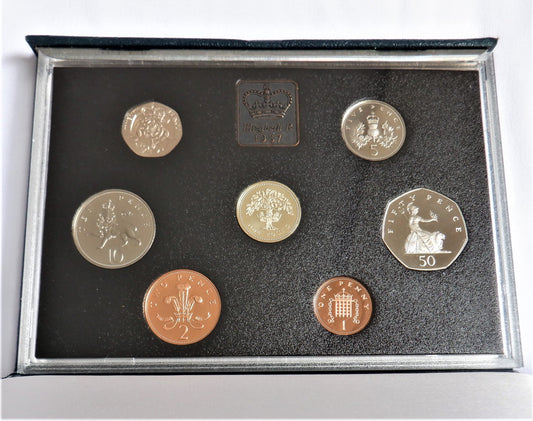 1987 United Kingdom 7-Coins PROOF SET, Great Britain Penny to 1 Pound ENGLISH OAK COIN