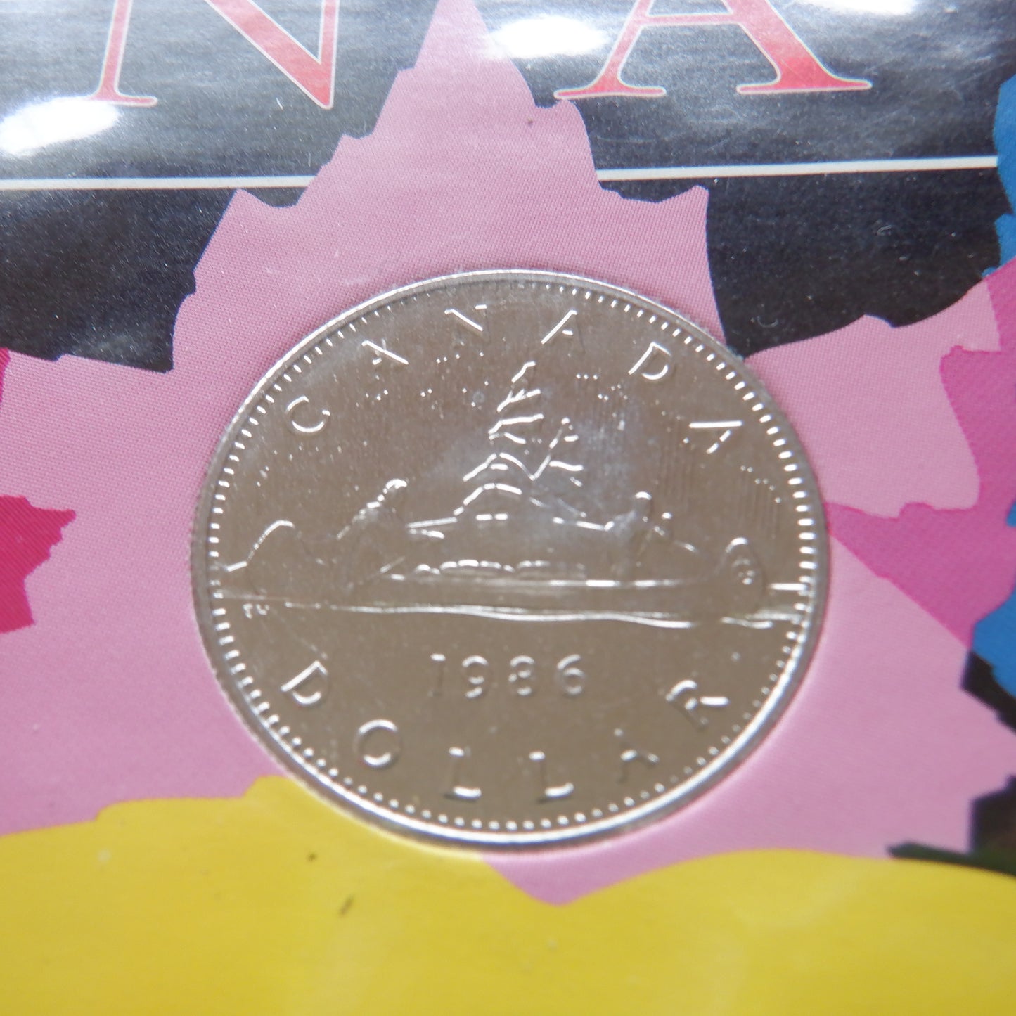 1986 CANADIAN 6-COIN SPECIMEN SET, on 6-colour CANADA C.C.A & S. DISPLAY BOARD