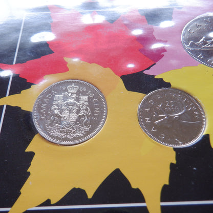 1986 CANADIAN 6-COIN SPECIMEN SET, on 6-colour CANADA C.C.A & S. DISPLAY BOARD