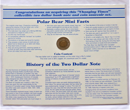 1996 'CHANGING TIMES' Collectible Two Dollar Canadian Bank Note & New 'Toonie' Coin Souvenir Set