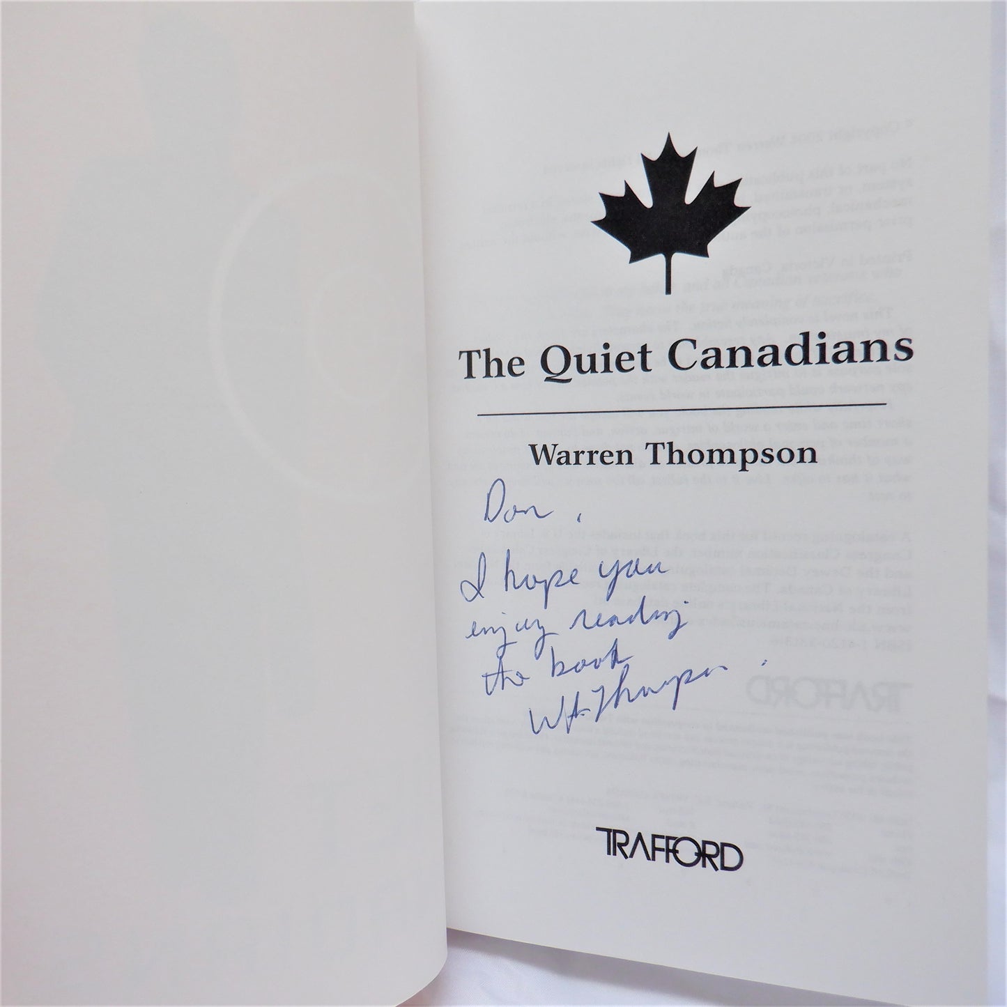 THE QUIET CANADIANS, A Novel by Warren Thompson (1st Ed. SIGNED)