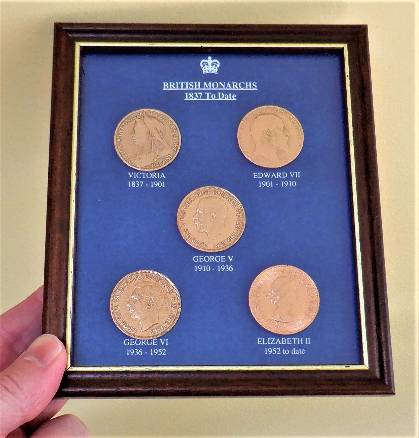 GREAT BRITAIN PENNY COLLECTION: Vintage Framed Set of 5-Rare pre-decimal Pennies, Monarchs Who Served 1837-today