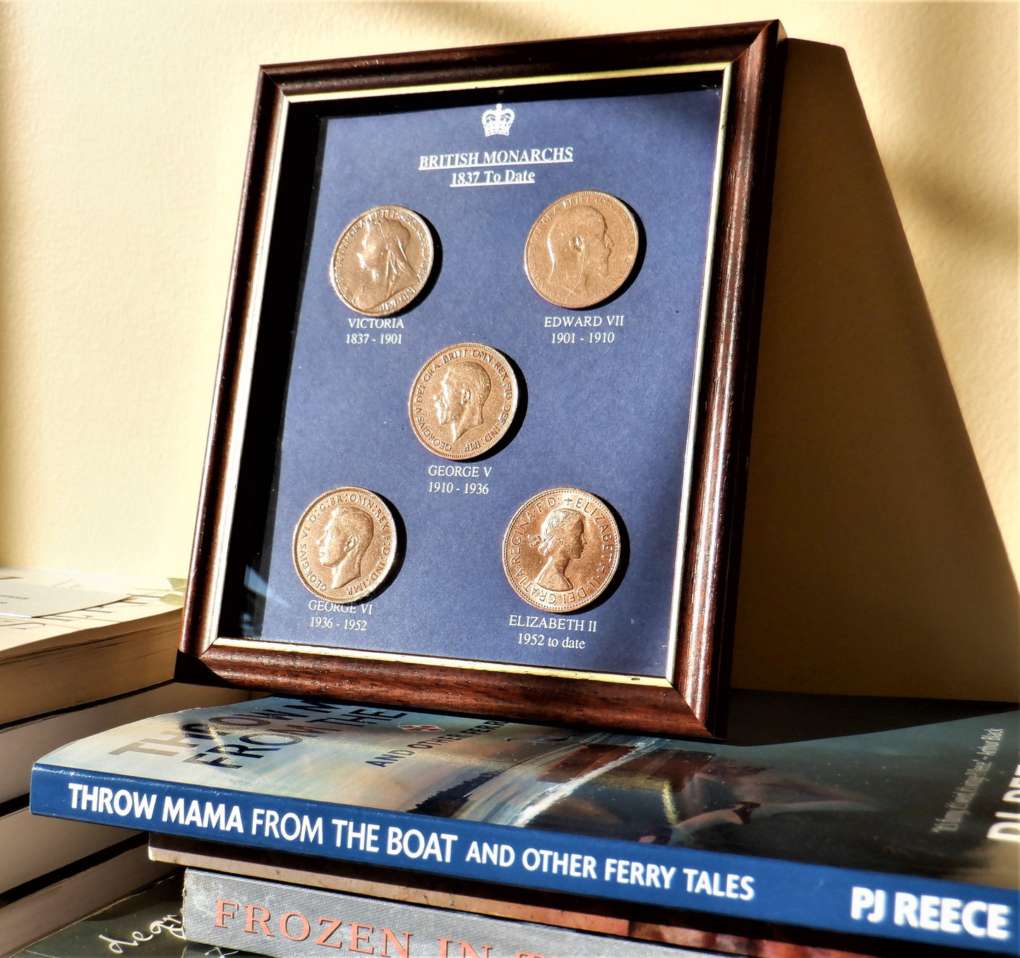 GREAT BRITAIN PENNY COLLECTION: Vintage Framed Set of 5-Rare pre-decimal Pennies, Monarchs Who Served 1837-today