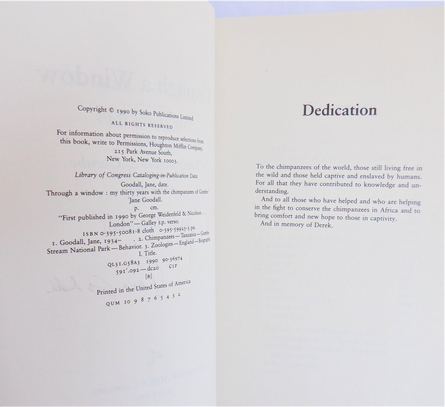 THROUGH A WINDOW, My Thirty Years with the Chimpanzees of Gombe, by Jane Goodall (1st Ed. SIGNED)