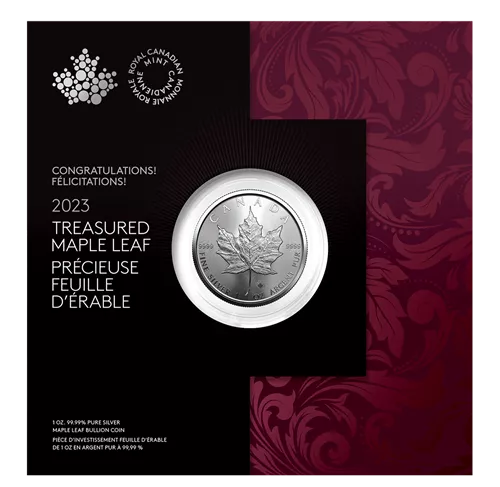 2023 Royal Canadian Mint $5 Pure Silver Coin 1 oz. 99.99% - TREASURED SILVER MAPLE LEAF COIN: Congratulations! Felicitations!