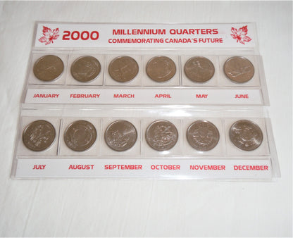 2000 Set of 12 Canadian Millennial 25-Cent Quarters, in Slide-Out Canada Display Pouch