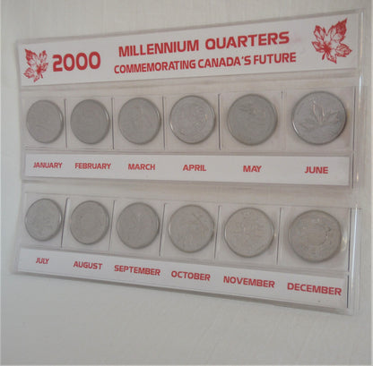 2000 Set of 12 Canadian Millennial 25-Cent Quarters, in Slide-Out Canada Display Pouch