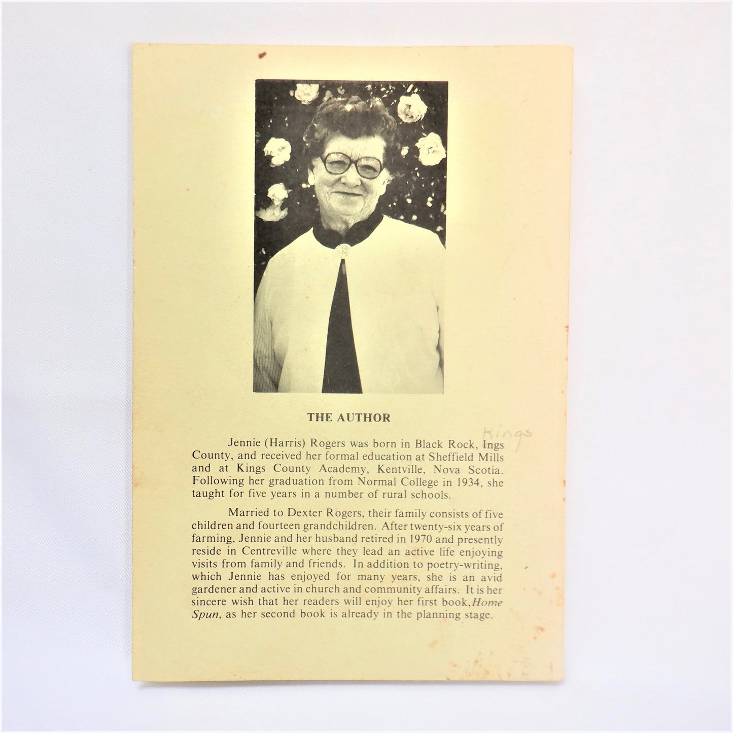 HOME SPUN, A Collection of Poems including: The Little Old Red School; Pickin' Taters; The Gypsies; The Little House Out Back, by Jennie Rogers (1st Ed. SIGNED)