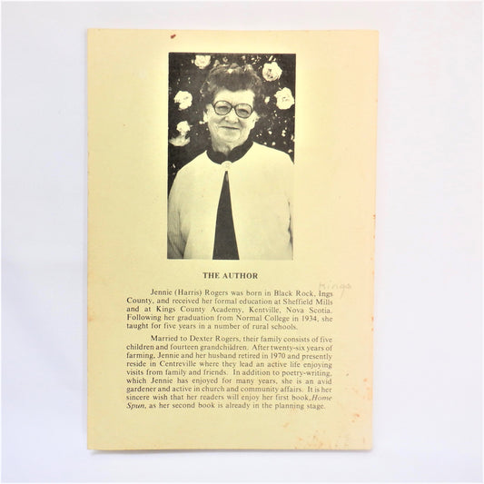 HOME SPUN, A Collection of Poems including: The Little Old Red School; Pickin' Taters; The Gypsies; The Little House Out Back, by Jennie Rogers (1st Ed. SIGNED)