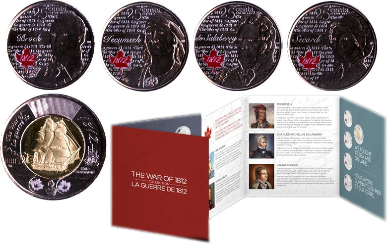 2013 THE WAR OF 1812, 5-Coin Commemorative Gift Set of Sir Isaac Brock, Tecumseh, Charles-Michel de Salaberry, and Laura Secord.