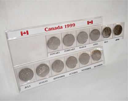 1999 Set of 12 Canadian Millennial 25-Cent Quarters, in Slide-Out Canada Display Pouch