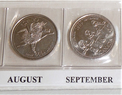 1999 Set of 12 Canadian Millennial 25-Cent Quarters, in Slide-Out Canada Display Pouch