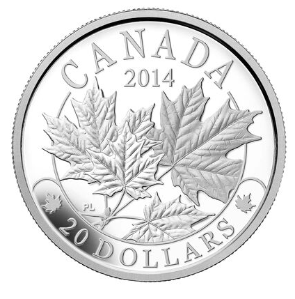 2014 MAJESTIC MAPLE LEAF, $20 Canadian 1-oz .9999 Pure Silver Coin