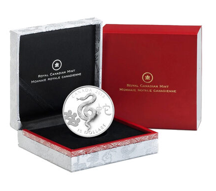 2013 Canadian $15 YEAR OF THE SNAKE COIN: 1 Troy Ounce .9999 Pure Silver Coin in a White Silk Presentation Case