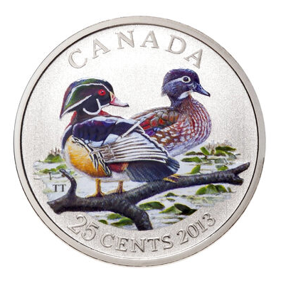 2013 CANADIAN 25-Cent DUCKS OF CANADA: The Fully-Coloured Wood Ducks Coin