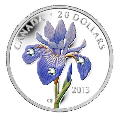 2013 Canadian 1oz Pure Fine Silver $20 Coin: BLUE FLAG IRIS and SWAROVSKI CRYSTALS