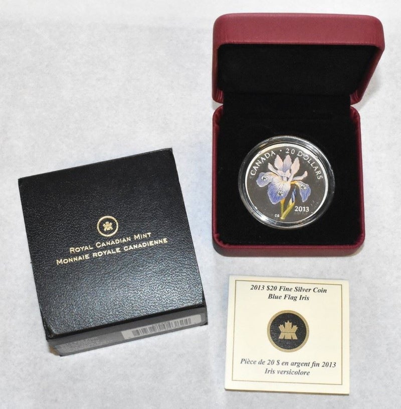 2013 Canadian 1oz Pure Fine Silver $20 Coin: BLUE FLAG IRIS and SWAROVSKI CRYSTALS