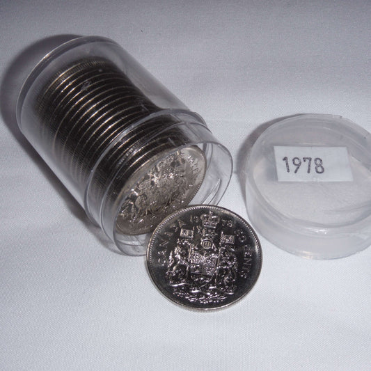 1978 Canadian .50 Cent Coins: Full Plastic Tube of 20 Brilliant Uncirculated Half-Dollar Coins