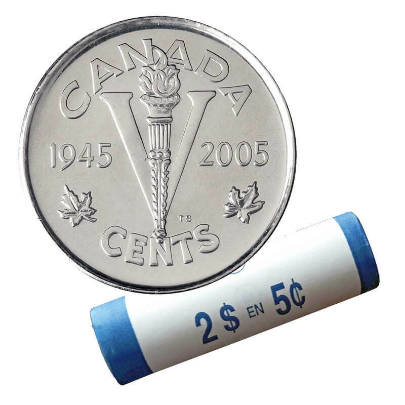 2005-P (1945-) Canadian 5-Cent VICTORY VE-DAY NICKEL 60th Anniversary Coin (Brilliant Uncirculated) Original RCM Paper Tube of 40