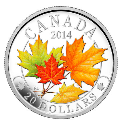 2014 MAJESTIC MAPLE LEAVES IN COLOUR, $20 Pure Fine 1oz Canadian .9999 Silver Coin