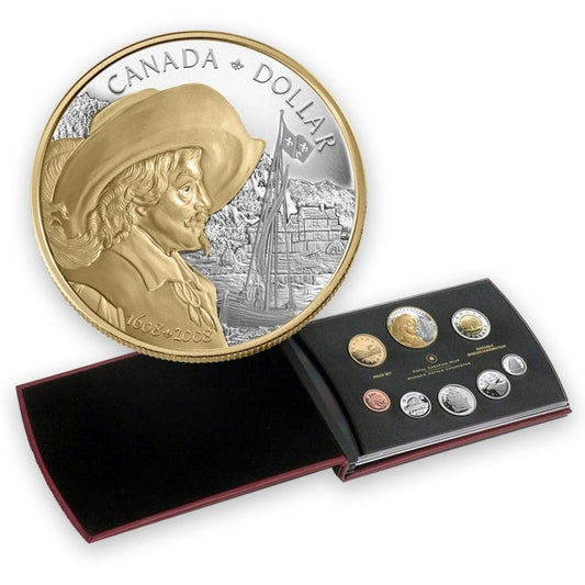 2008 QUEBEC'S 400th Anniversary: Canadian 8-Piece Fine Proof Silver Coin Set, with New Gold Plating Technique