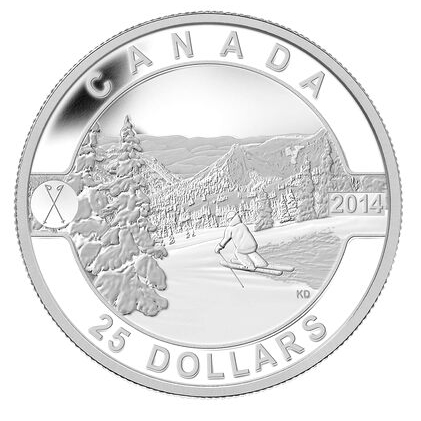 2014 $25 O-Canada 1 oz Pure Fine Silver Coin: SCENIC SKIING IN CANADA