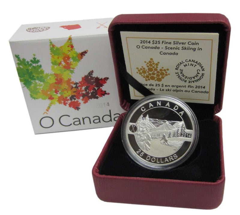 2014 $25 O-Canada 1 oz Pure Fine Silver Coin: SCENIC SKIING IN CANADA